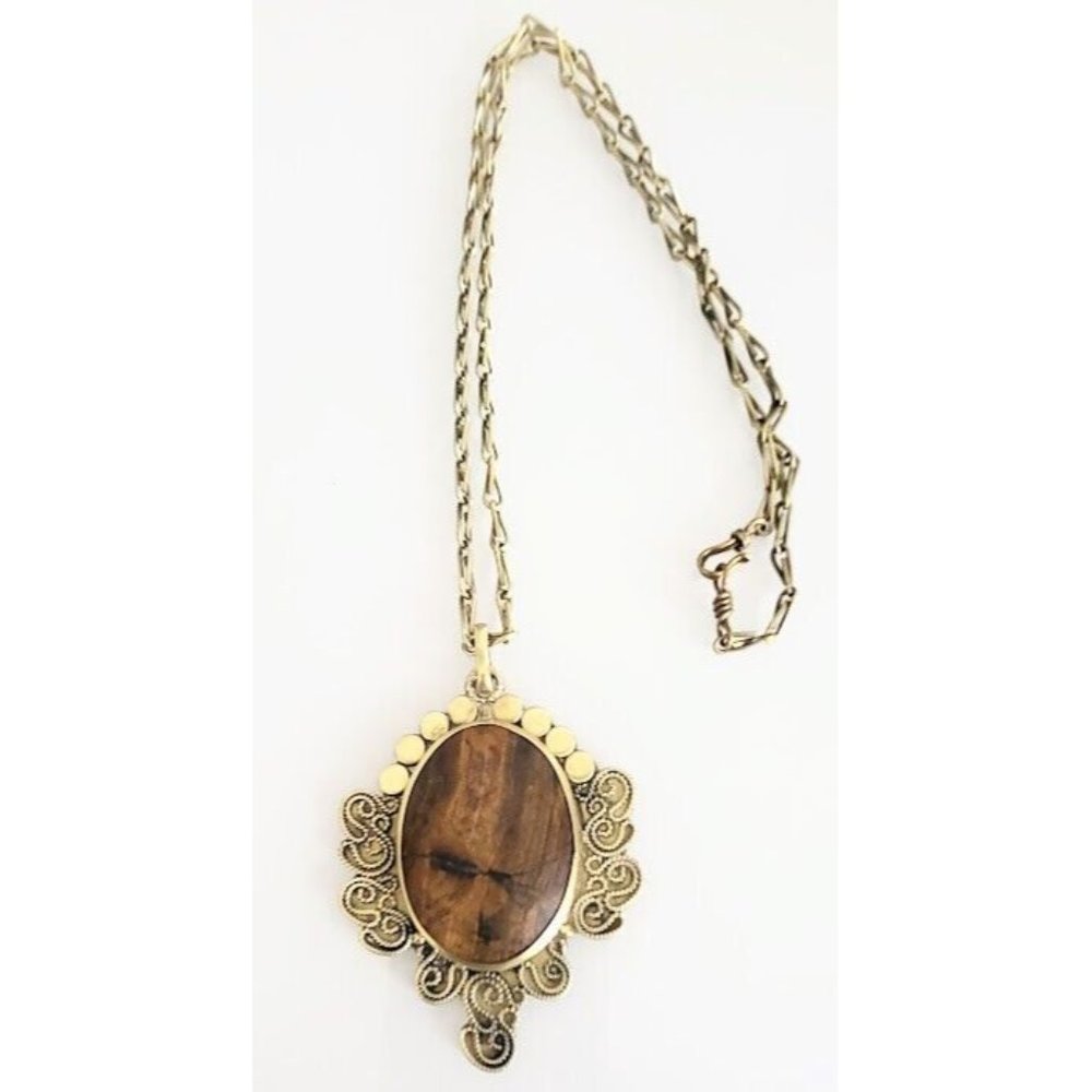 VINTAGE ESTATE LARGE BROWN BANDED JASPER BRASS FILAGREE PENDANT NECKLACE